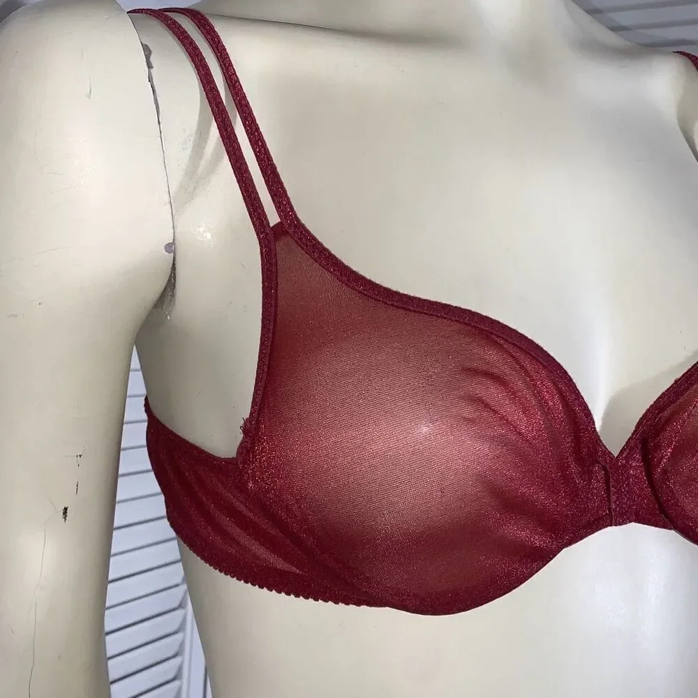 VICTORIA'S SECRET Vintage‎ 1997 Sheer Unpadded Bra Underwire Red Shimmer 34B